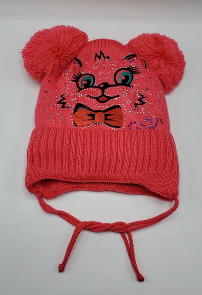 Girls’ Wool Blend Rhinestone ‘Kitty’ Applique Pom Hat Sz 2-4 Years - Footsis.com