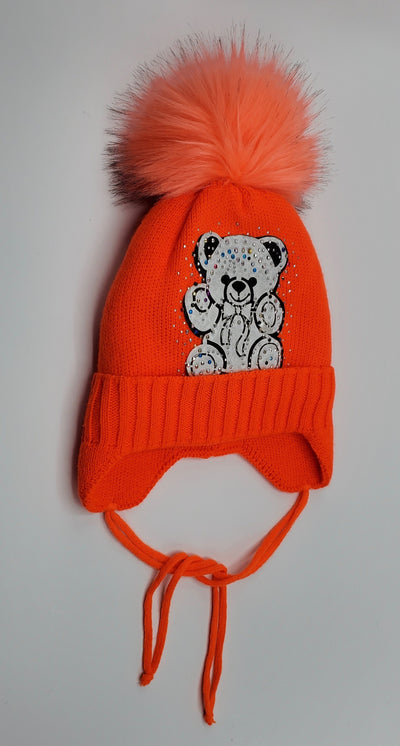 Girls’ Wool Blend Rhinestone ‘Bear’ Applique Pom Hat Sz 2-4 Years - Footsis.com